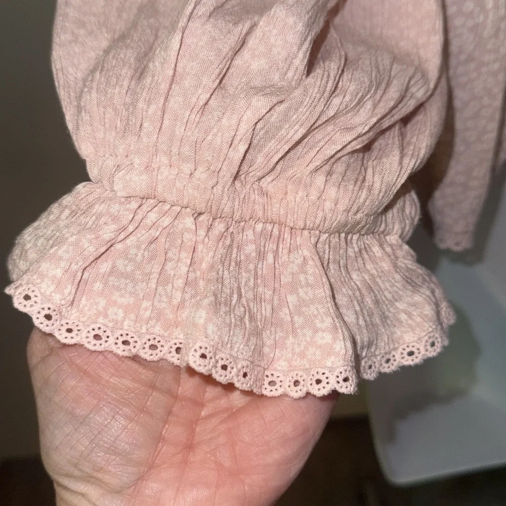 Free People Pink Puff Sleeve Smocked Blouse , sz M
